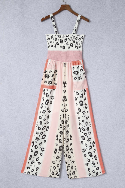 Elegant Leopard Color Block Smocked Jumpsuit - adritiX