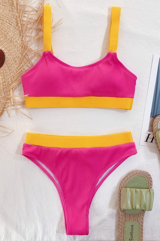 Color Block Scoop Neck Bikini Set - adritiX