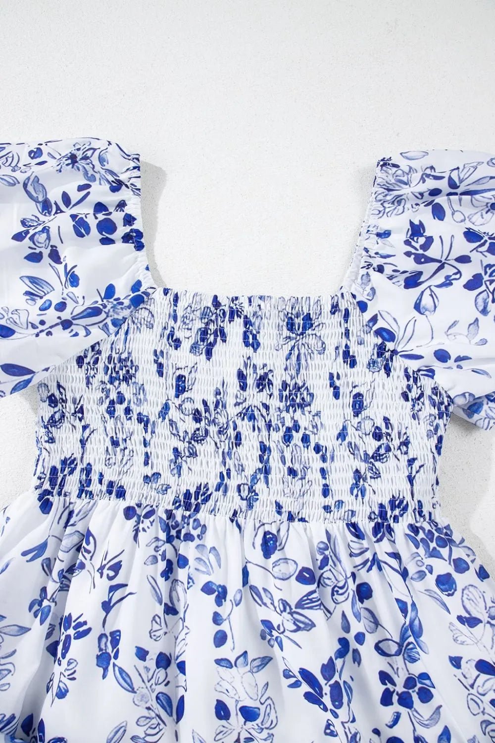 Smocked Printed Square Neck Puff Sleeve Dress - adritiX