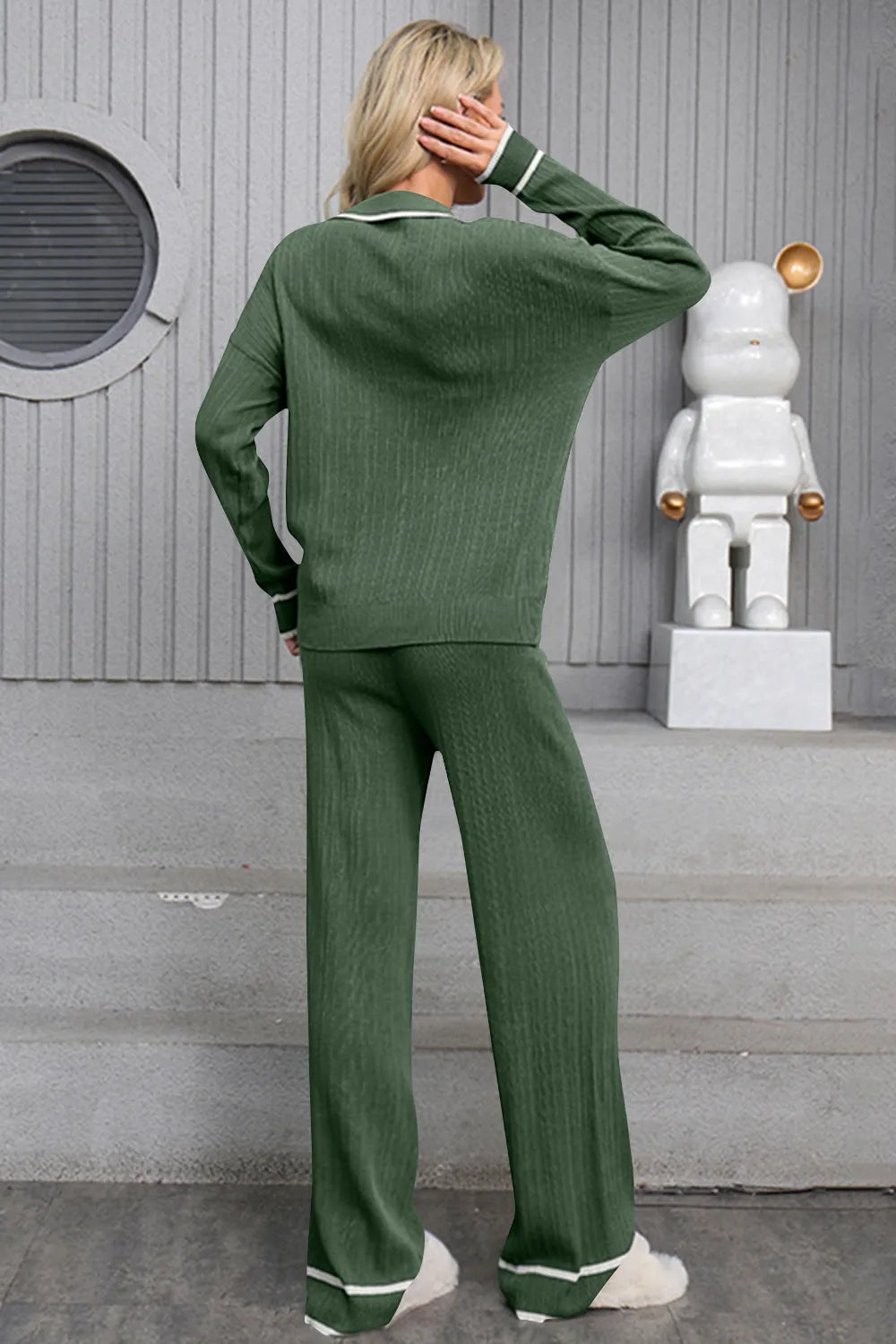 Contrast Trim Johnny Collar Top and Drawstring Pants Sweater Set - adritiX