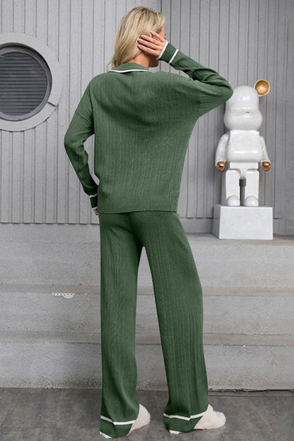 Contrast Trim Johnny Collar Top and Drawstring Pants Sweater Set - adritiX