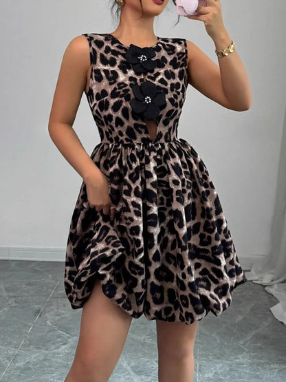 Leopard Print Sleeveless Fit and Flare Mini Dress - adritiX