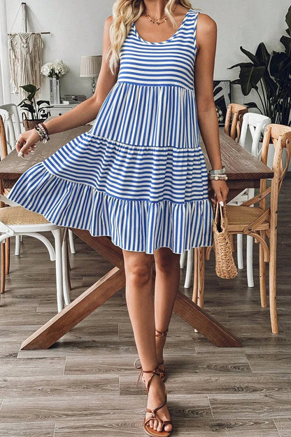 Striped Round Neck Sleeveless Mini Dress - adritiX