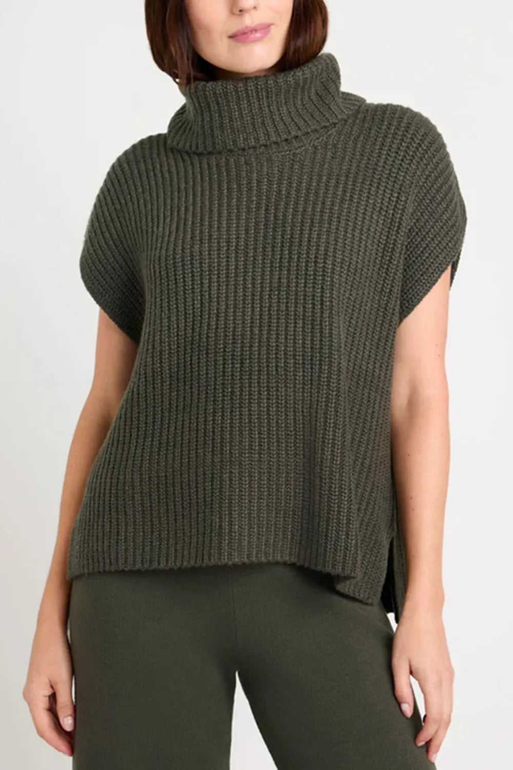 Slit Turtleneck Cap Sleeve Sweater - adritiX
