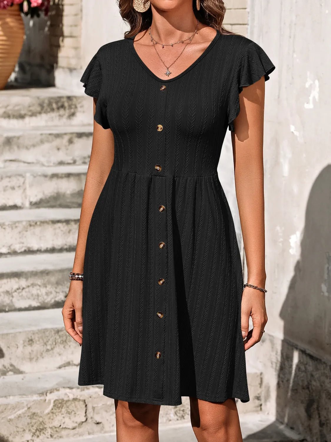 V-Neck Ruffled Cap Sleeve Dress - adritiX