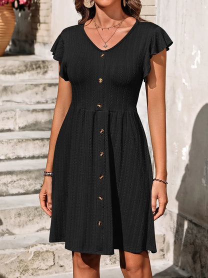 V-Neck Ruffled Cap Sleeve Dress - adritiX