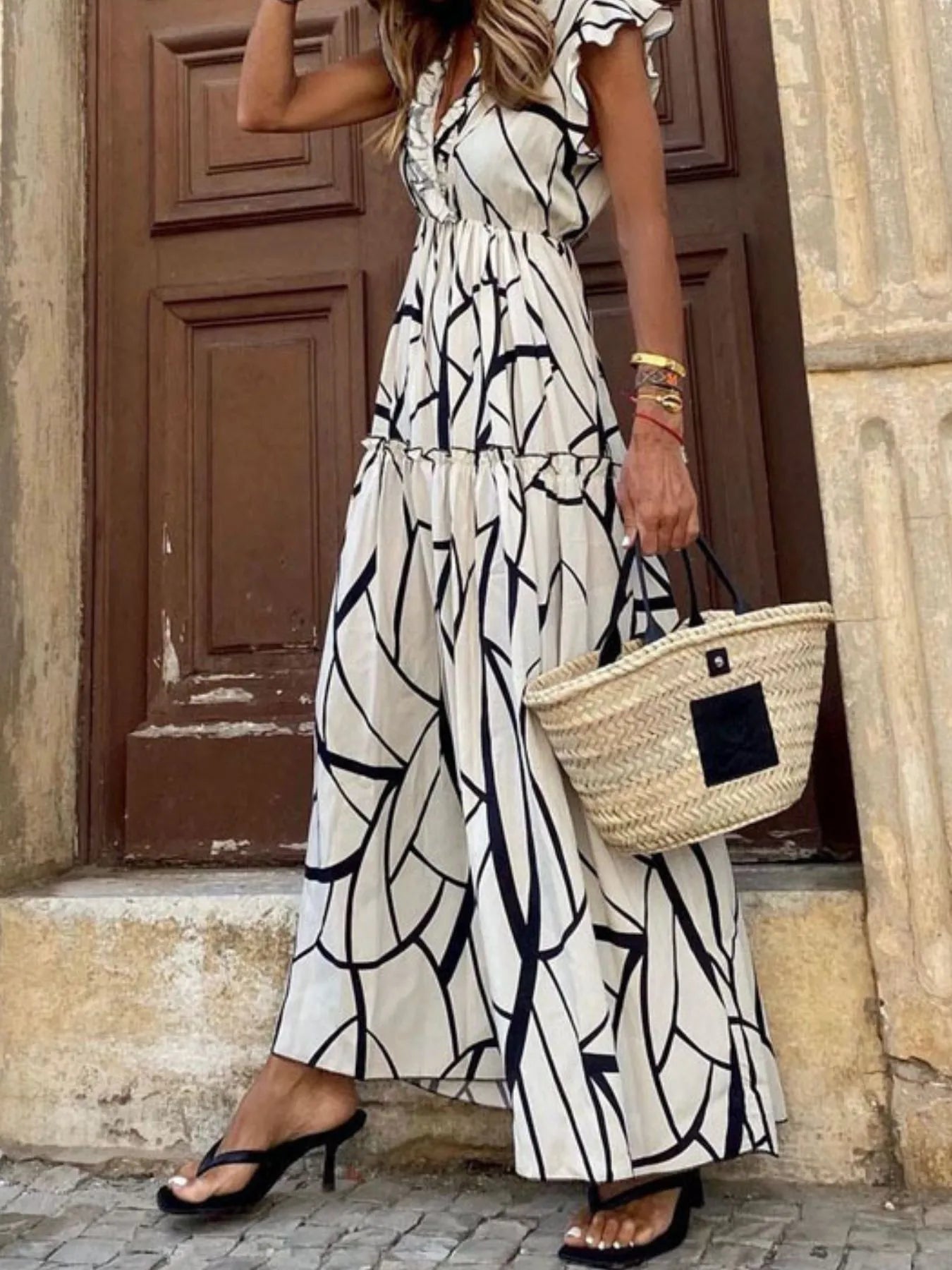 Abstract Print Ruffle Sleeve V - Neck Midi Dress - adritiX