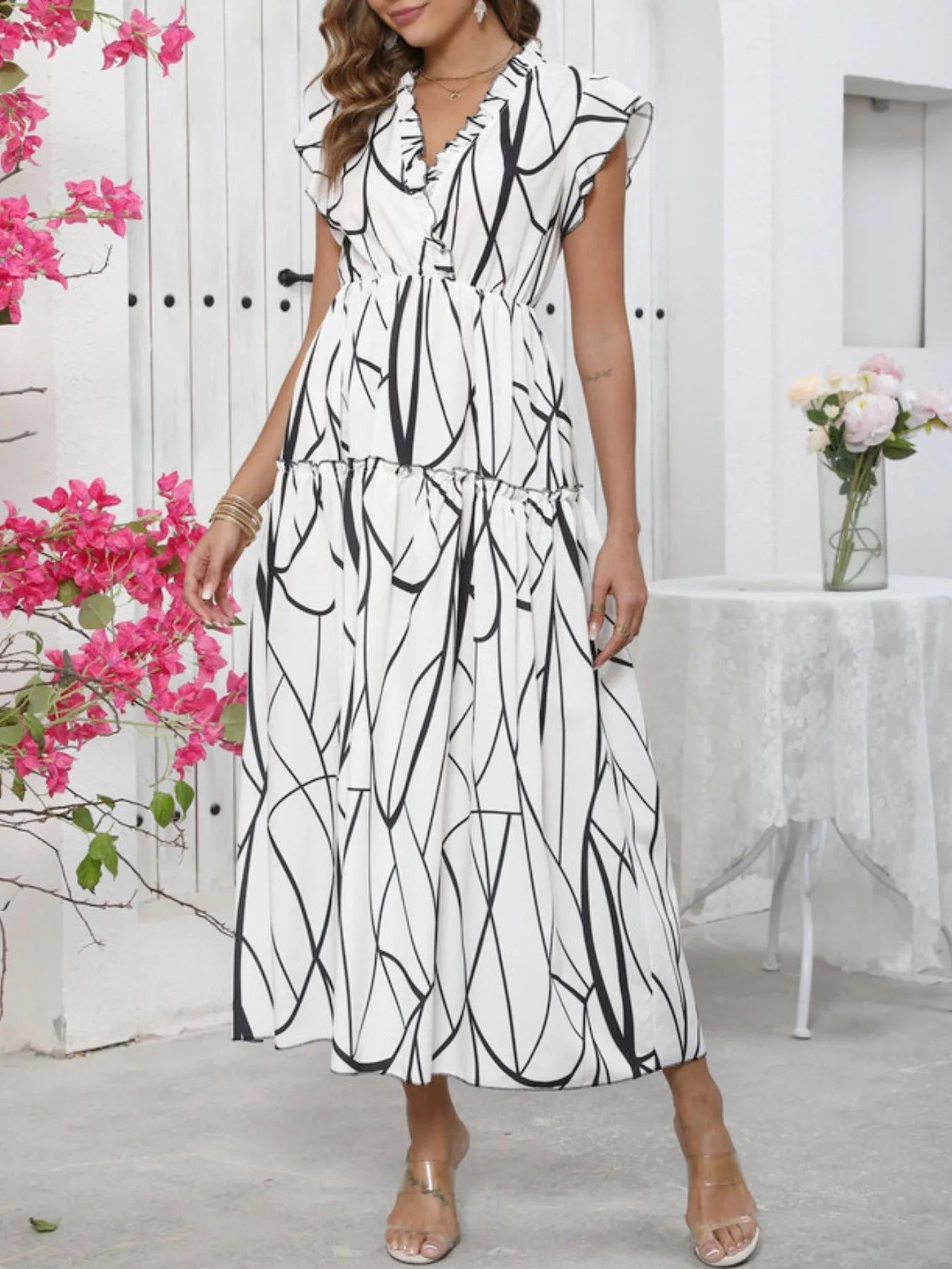 Abstract Print Ruffle Sleeve V - Neck Midi Dress - adritiX