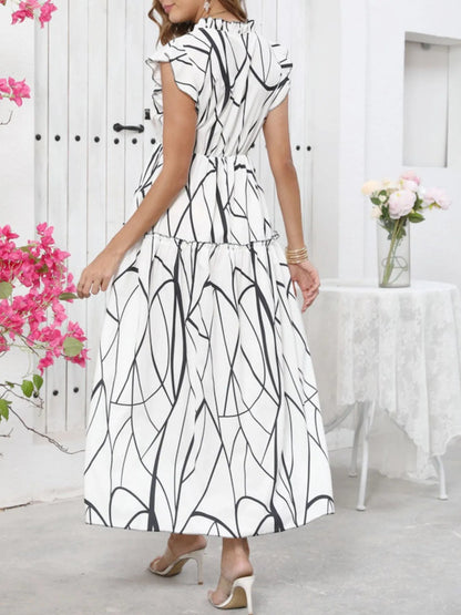Abstract Print Ruffle Sleeve V - Neck Midi Dress - adritiX