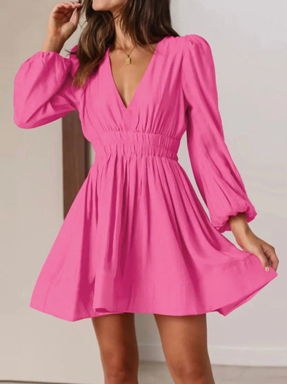 Ruched V-Neck Balloon Sleeve Mini Dress - adritiX