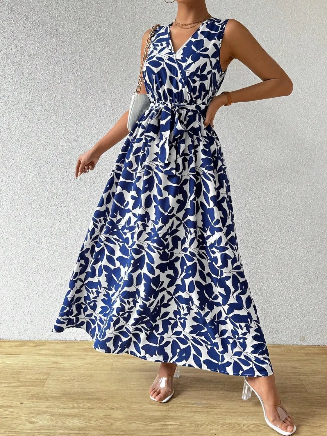 Printed Surplice Sleeveless Maxi Dress - adritiX