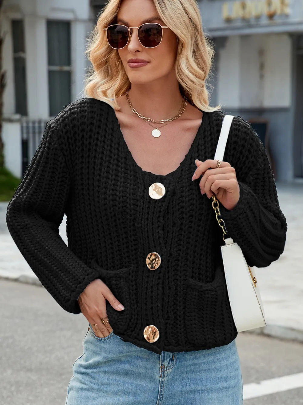 Round Neck Button Up Cardigan with Pockets - adritiX