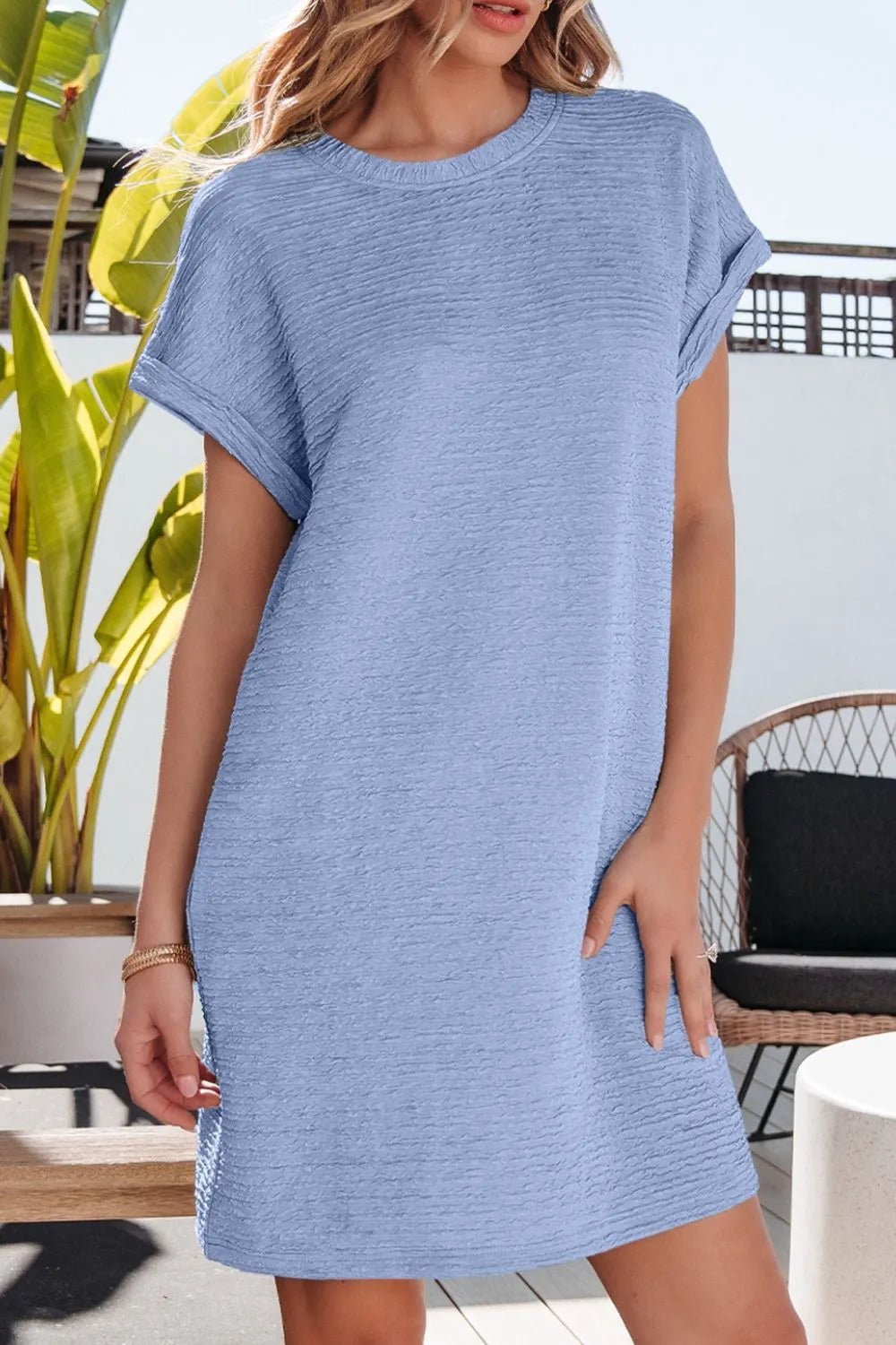 Solid Color Textured Crinkle Short Sleeve T Shirt Dress - adritiX