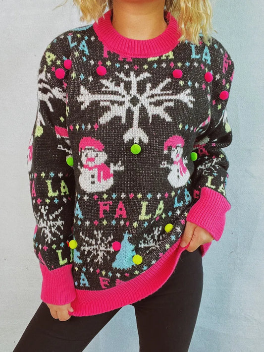 Elegant Snowman Contrast Trim Round Neck Sweater - adritiX