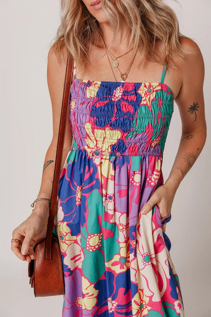 Floral Print Shirred Spaghetti Strap Loose Maxi Dress - adritiX