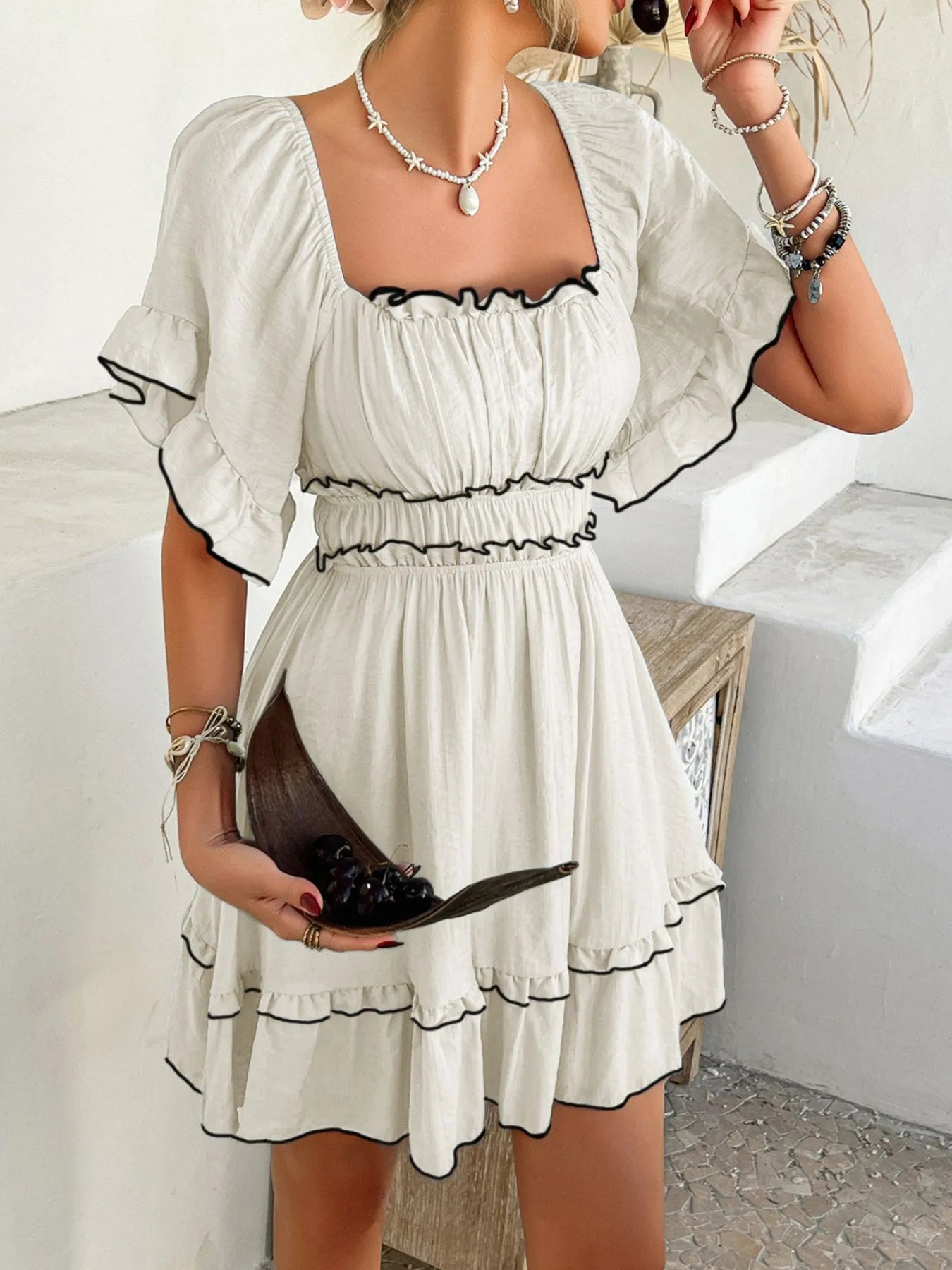 Square Neck Ruffle Trim Mini Dress - adritiX