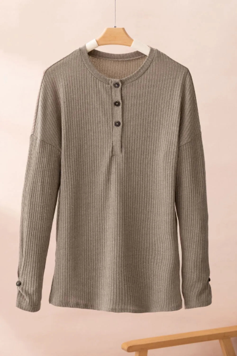 Quarter Button Round Neck Dropped Shoulder Knit Top - adritiX