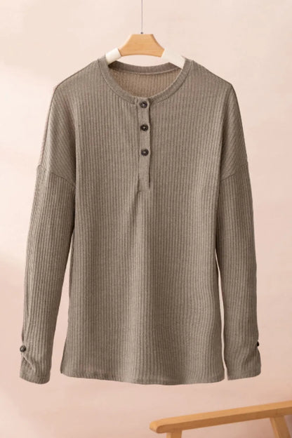 Quarter Button Round Neck Dropped Shoulder Knit Top - adritiX