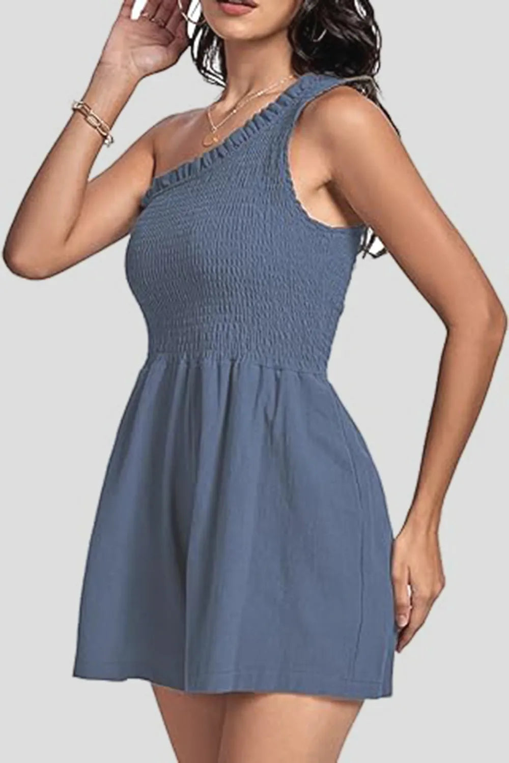 Elegant Smocked Single Shoulder Romper - adritiX