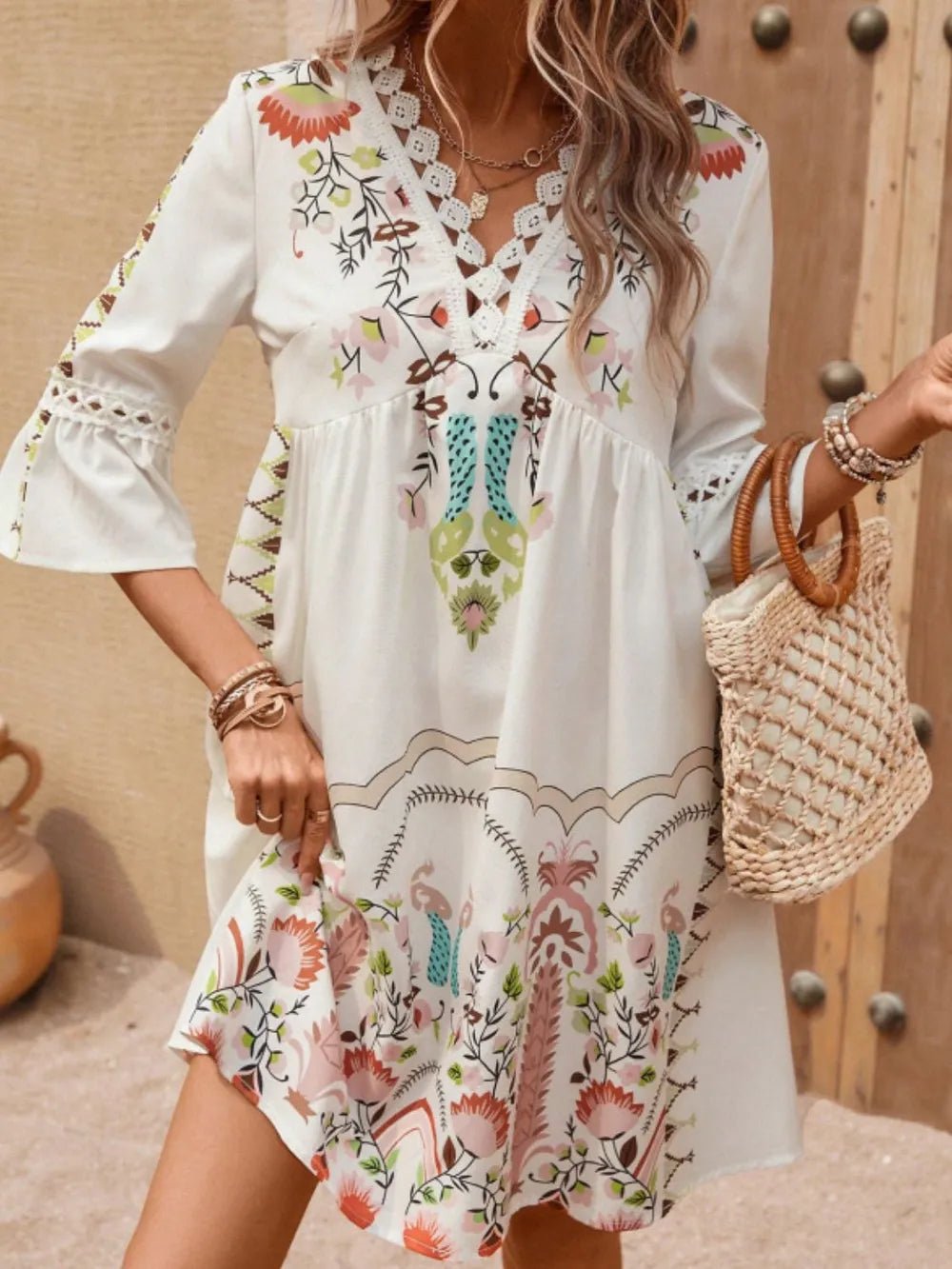 Lace Detail Printed Three-Quarter Sleeve Dress - adritiX