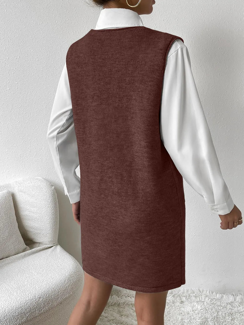V-Neck Sleeveless Sweater Dress with Pockets - adritiX