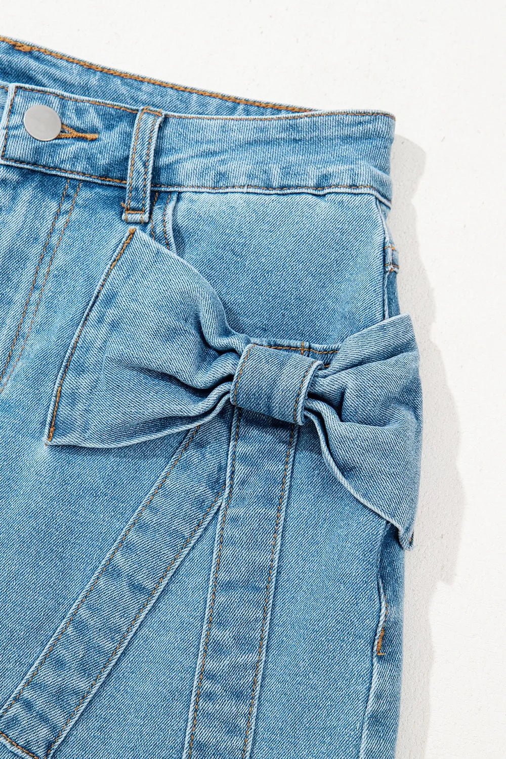 Acid Wash Bowknot Details High Waist Denim Skirt - adritiX