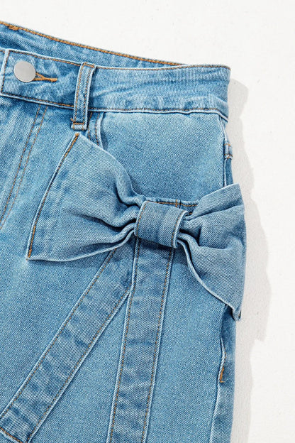 Acid Wash Bowknot Details High Waist Denim Skirt - adritiX