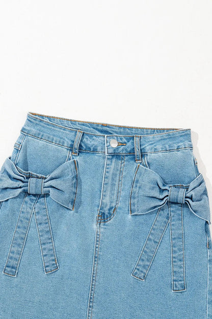 Acid Wash Bowknot Details High Waist Denim Skirt - adritiX