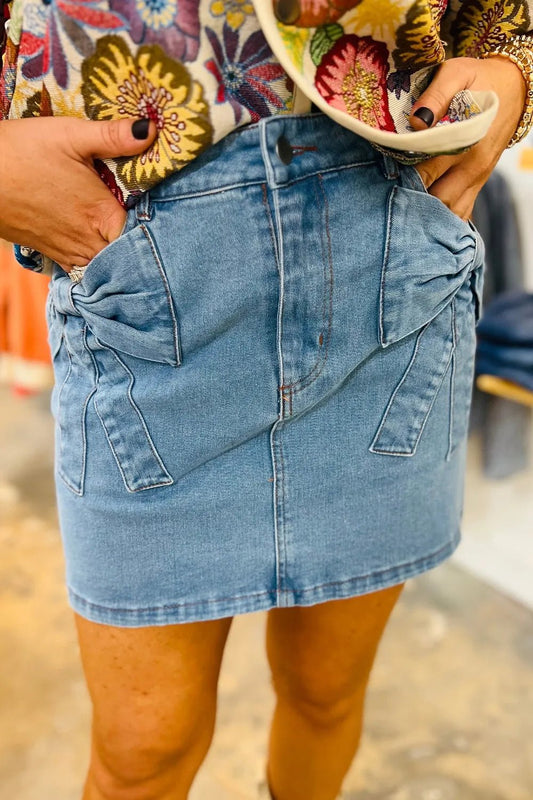 Acid Wash Bowknot Details High Waist Denim Skirt - adritiX