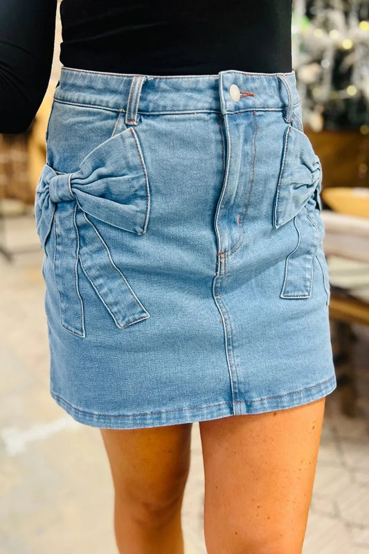 Acid Wash Bowknot Details High Waist Denim Skirt - adritiX