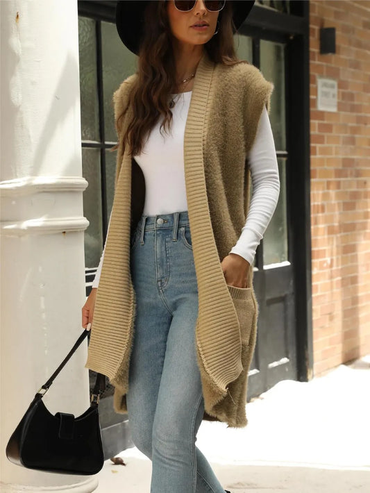 Pocketed Open Front Cap Sleeve Cardigan - adritiX