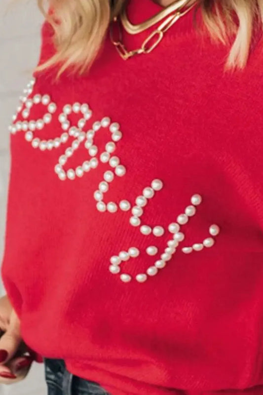 Letter Pearl Detail Round Neck Long Sleeve Sweater - adritiX