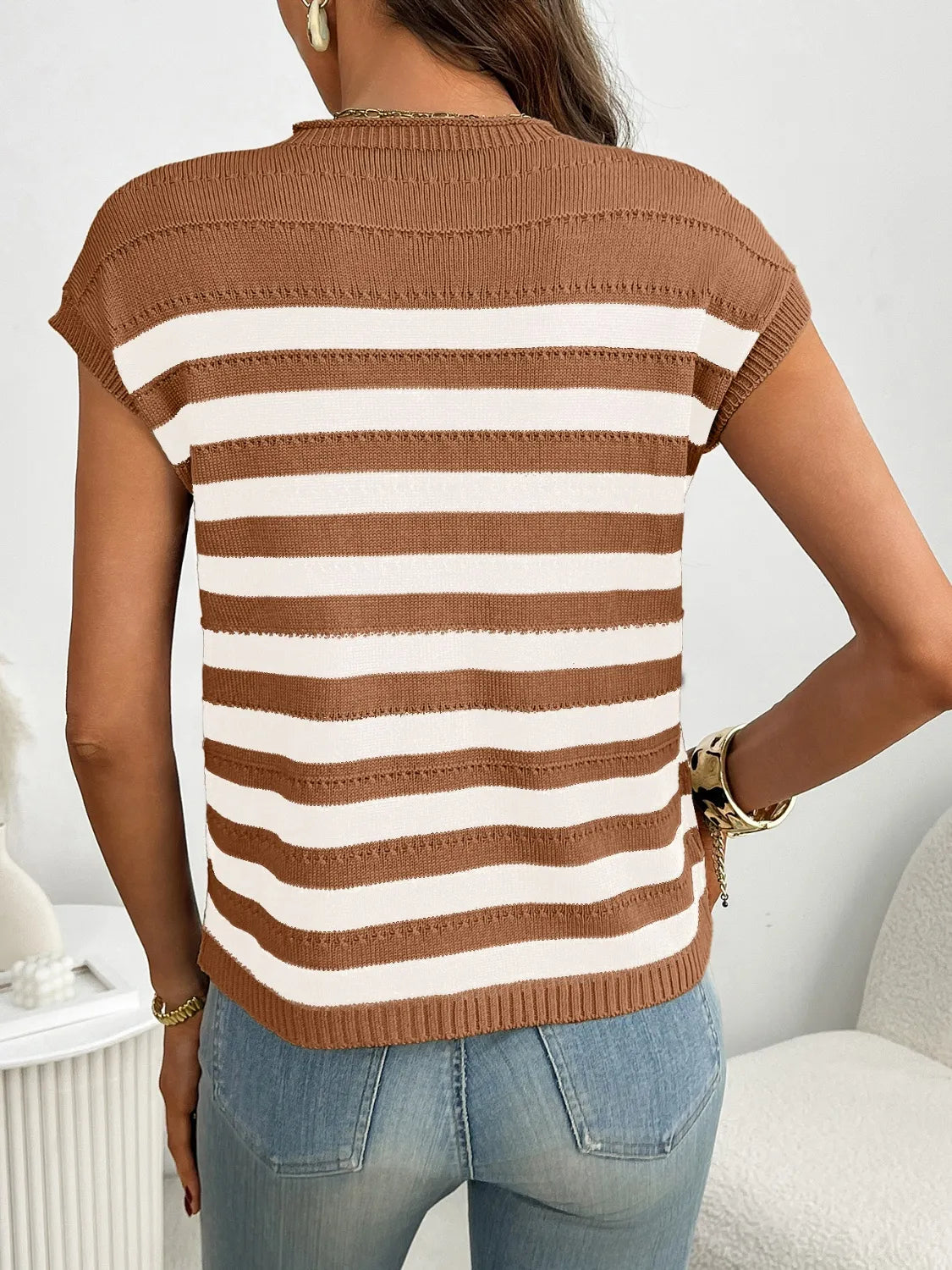 Striped Mock Neck Cap Sleeve Knit Top - adritiX