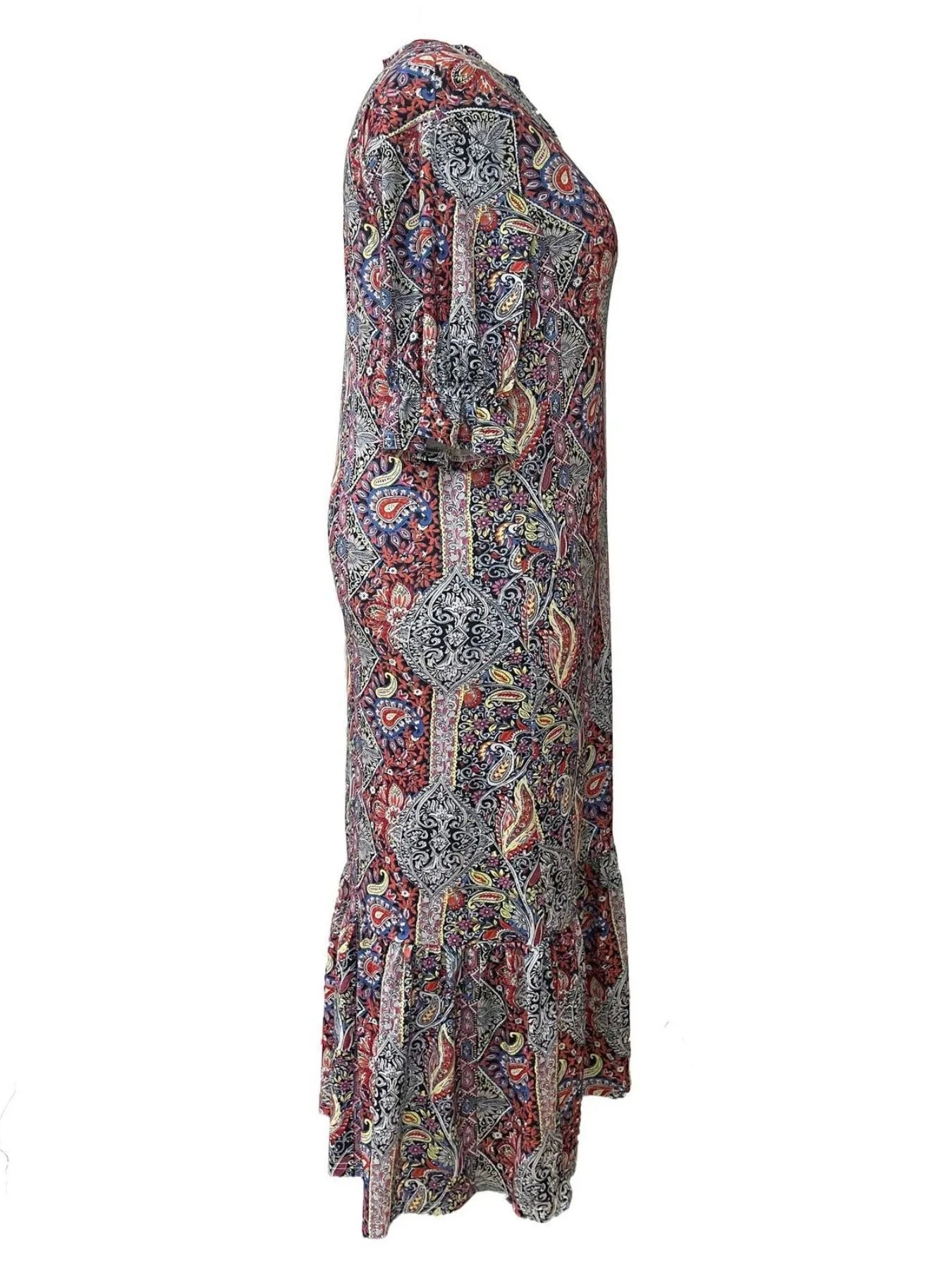 Full Size Bohemian Paisley Print Ruffle Hem Midi Dress Plus Size - adritiX