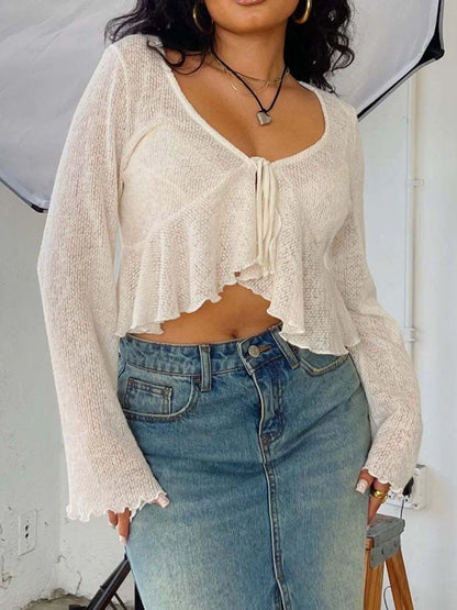 Ruffled Hem Tie-Front Cropped Cardigan - adritiX