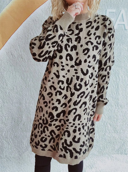 Leopard Round Neck Long Sleeve Sweater - adritiX
