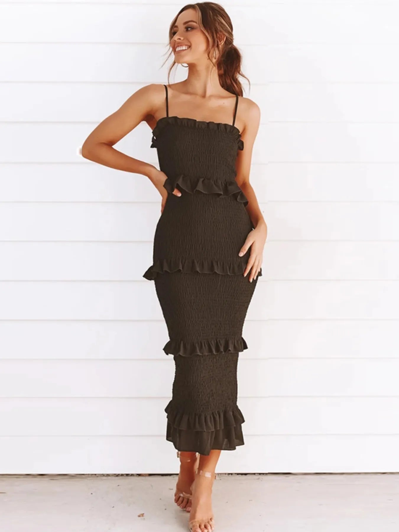 Smocked Ruffled Midi Cami Dress - adritiX