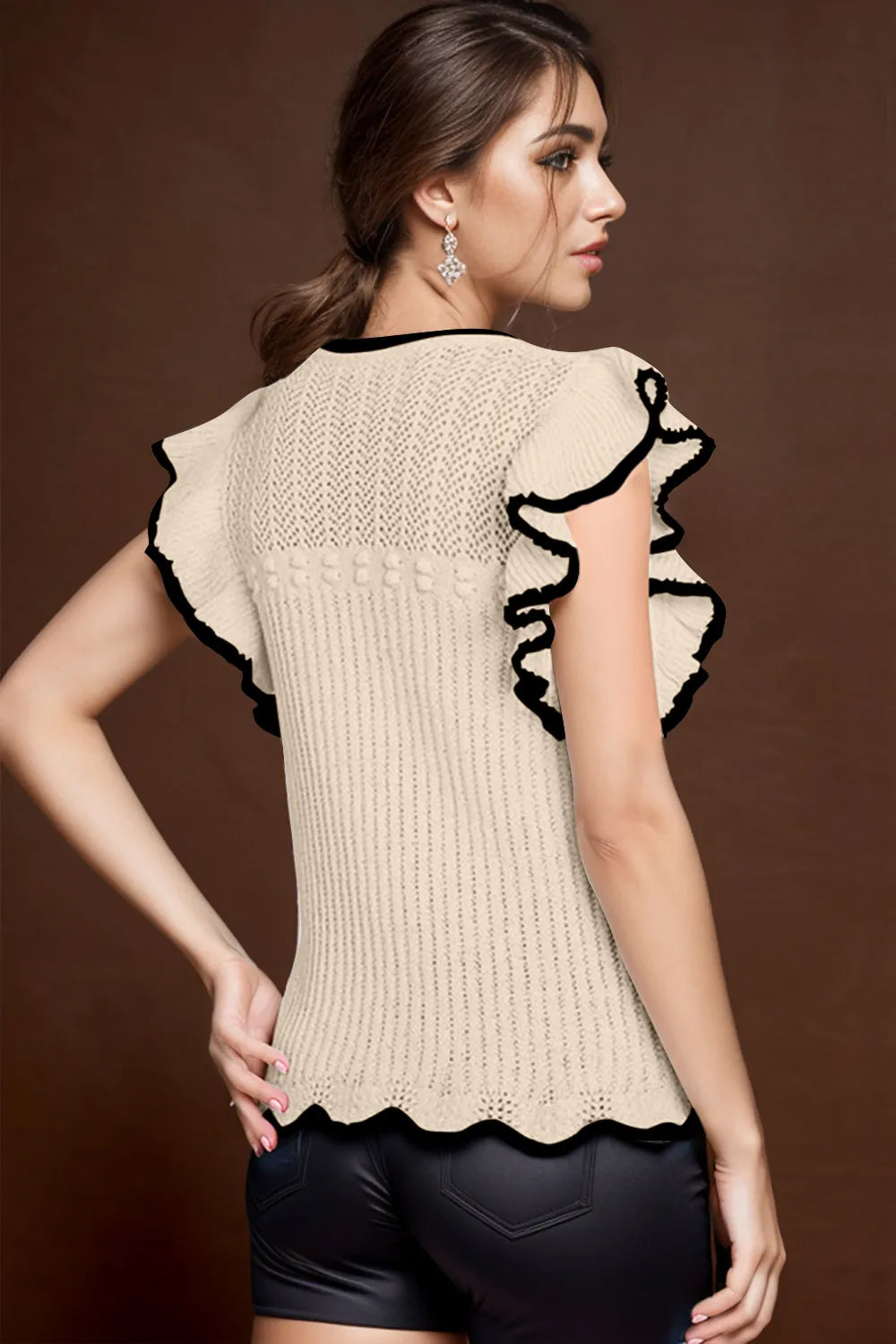 Ruffled Round Neck Cap Sleeve Knit Top - adritiX