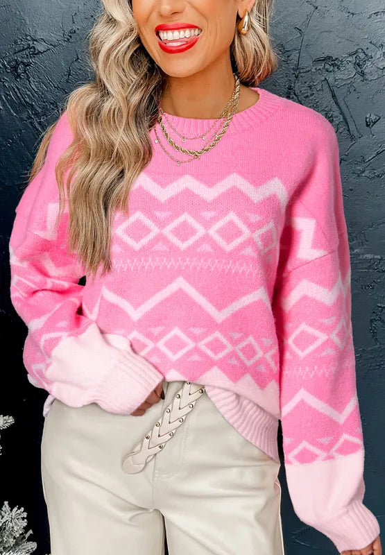Geometric Drop Shoulder Long Sleeve Sweater - adritiX