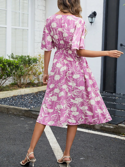 Floral Flutter Sleeve V-Neck Summer Midi Dress - adritiX