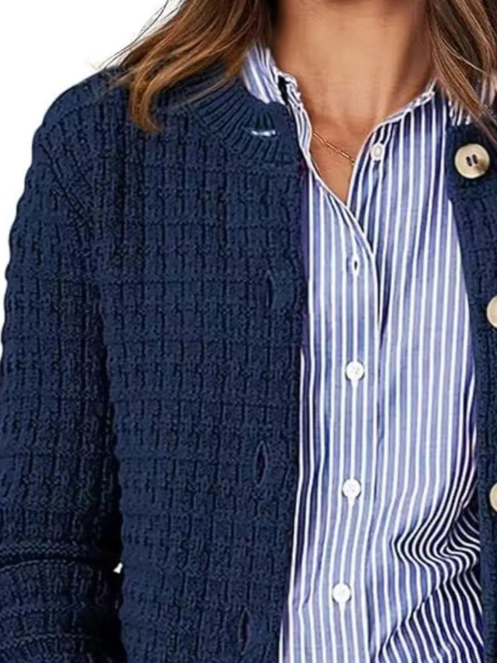 Button Up Round Neck Long Sleeve Cardigan - adritiX