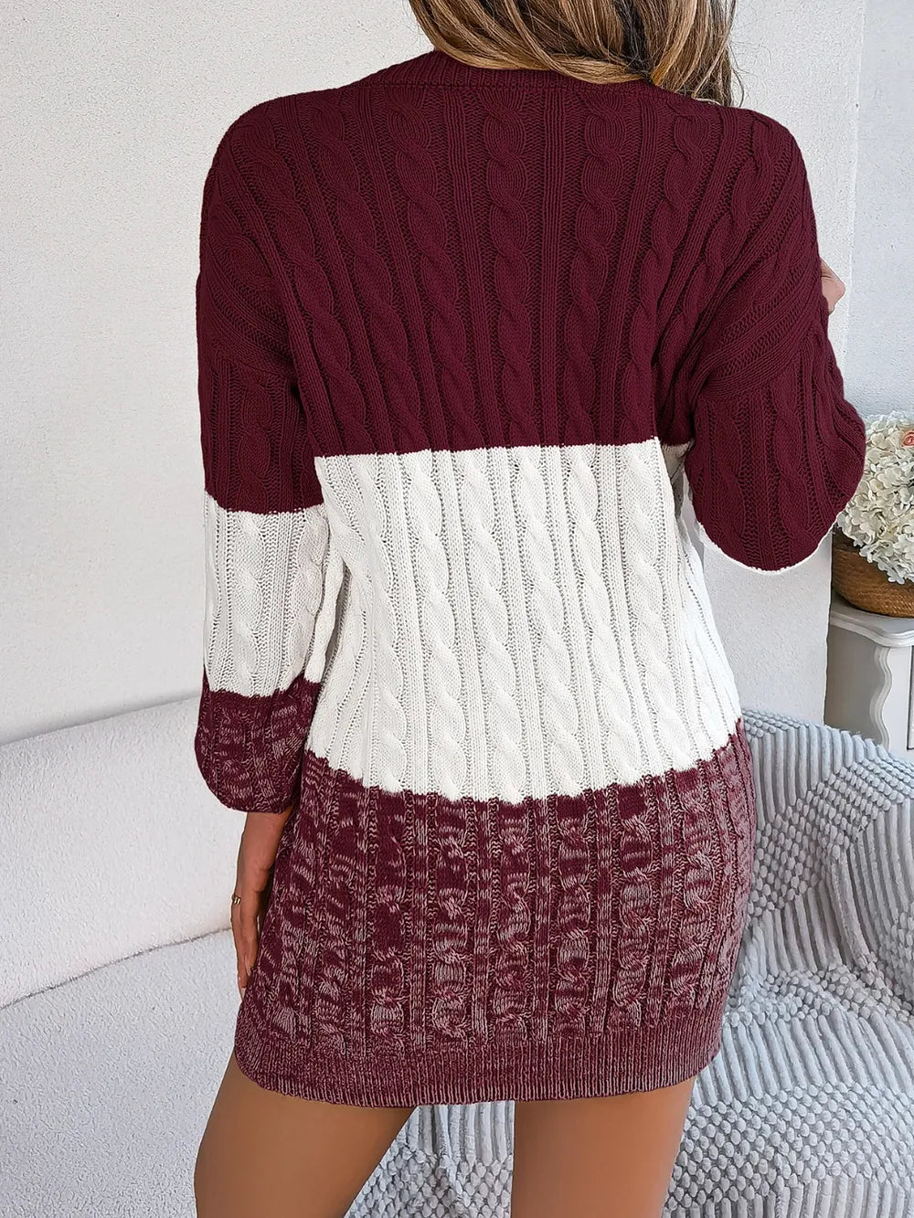 Cable-Knit Round Neck Color Block Sweater Dress - adritiX