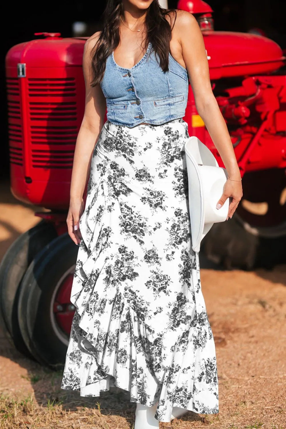 Boho Floral High Waist Ruffle Split Maxi Skirt - adritiX