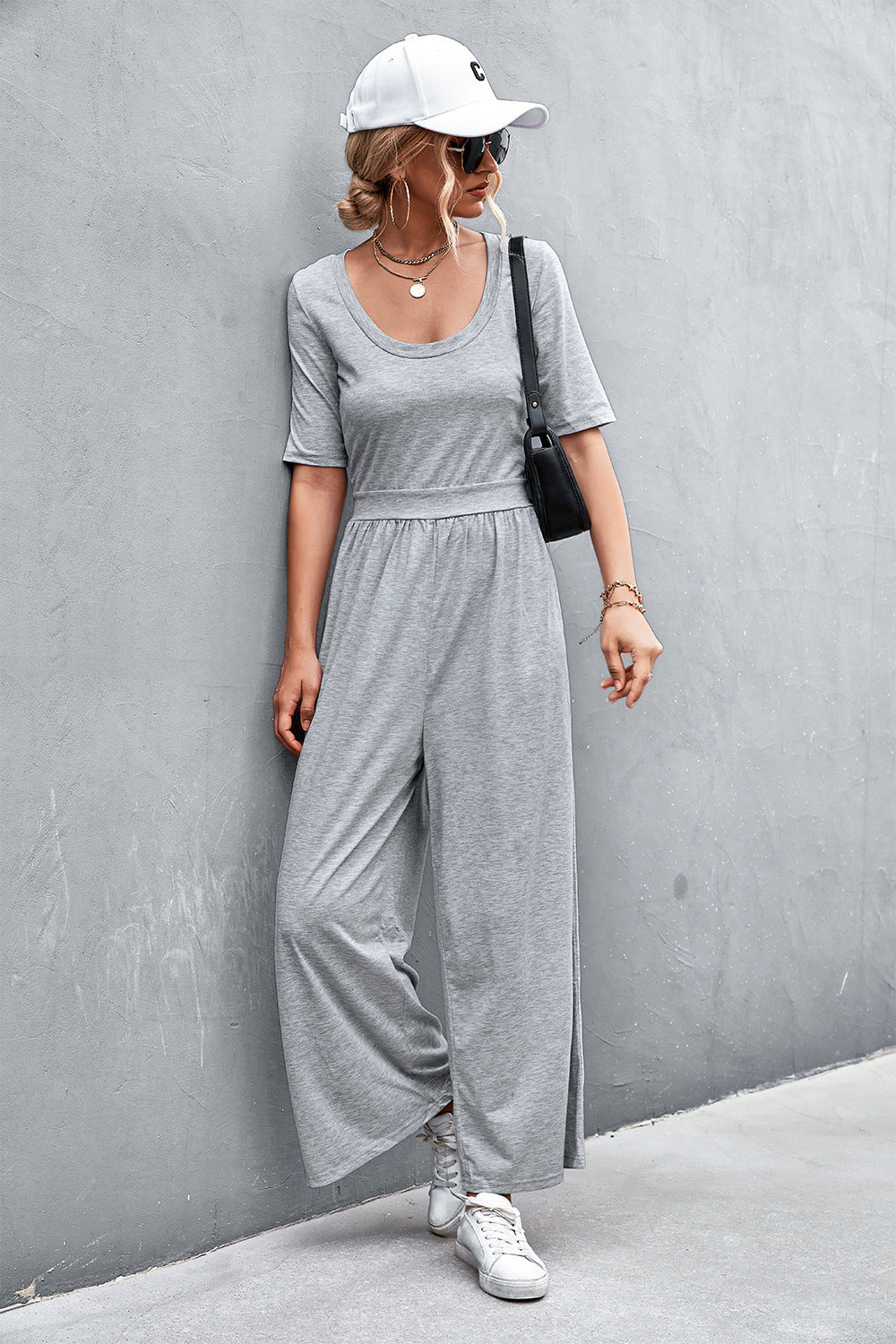 Elegant Scoop Neck Half Sleeve Wide Leg Jumpsuit - adritiX