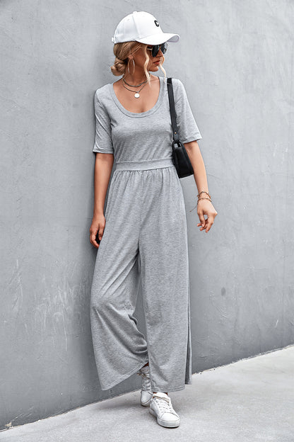 Elegant Scoop Neck Half Sleeve Wide Leg Jumpsuit - adritiX