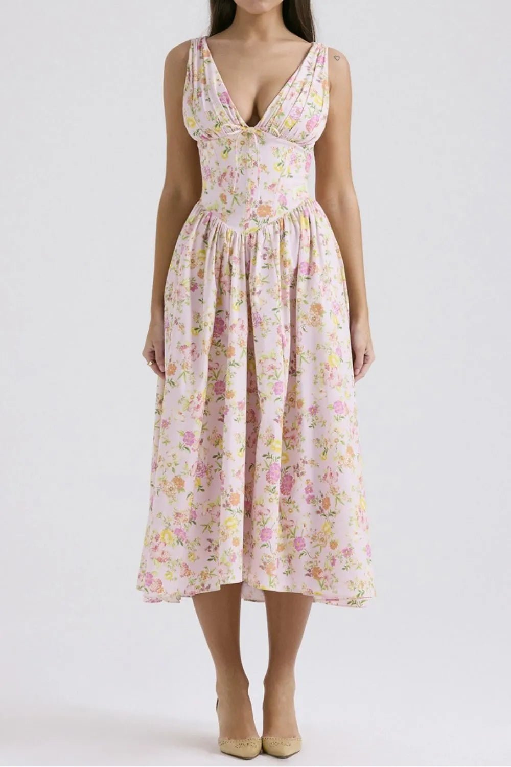 Floral V-Neck Sleeveless Midi Dress with Pockets - adritiX