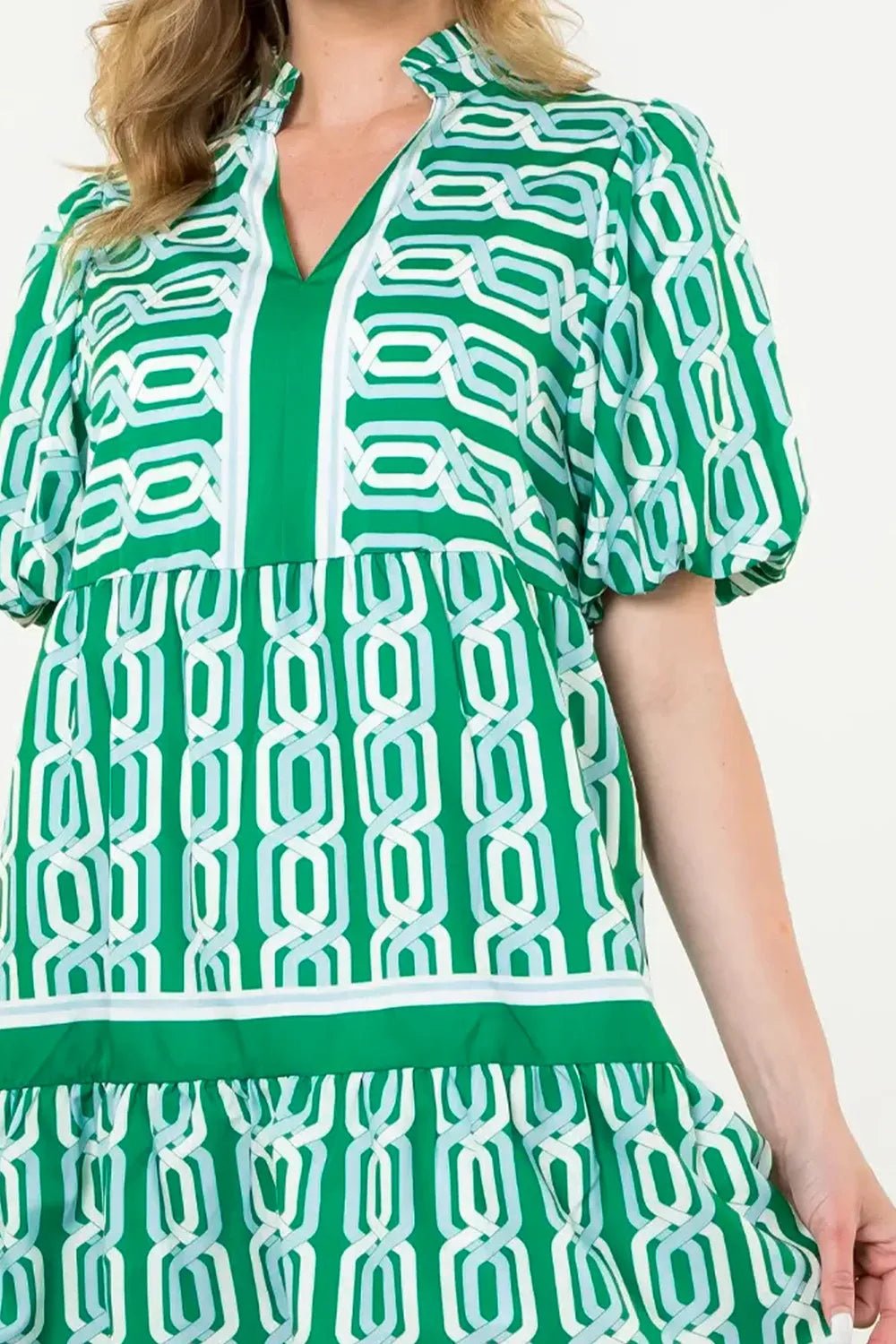 Abstract Patterned V Neck Puff Short Sleeve Mini Dress - adritiX