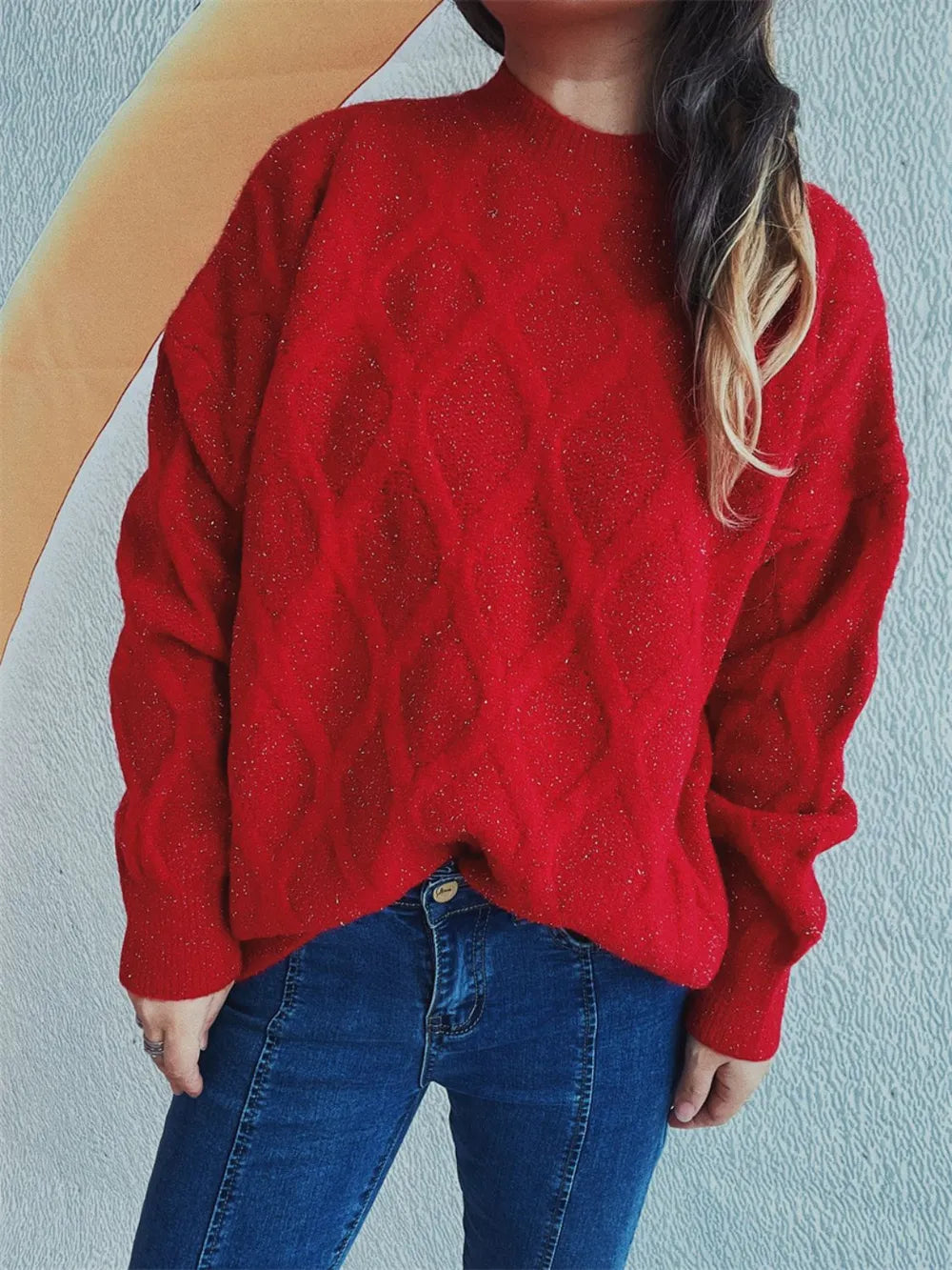 Diamond Round Neck Long Sleeve Sweater - adritiX
