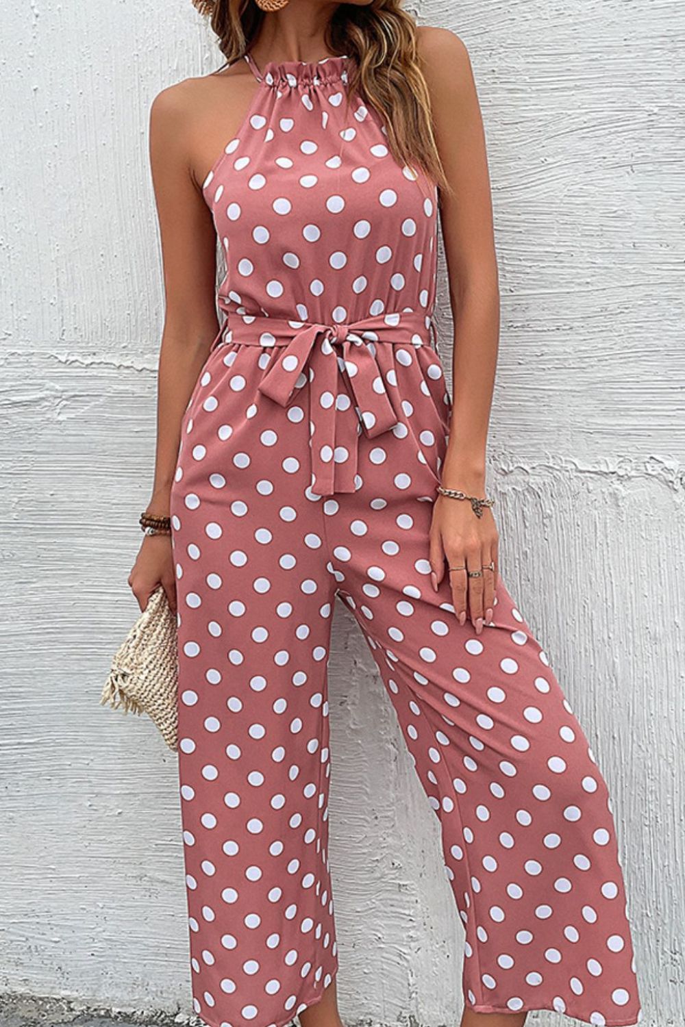 Elegant Perfee Polka Dot Grecian Wide Leg Jumpsuit - adritiX
