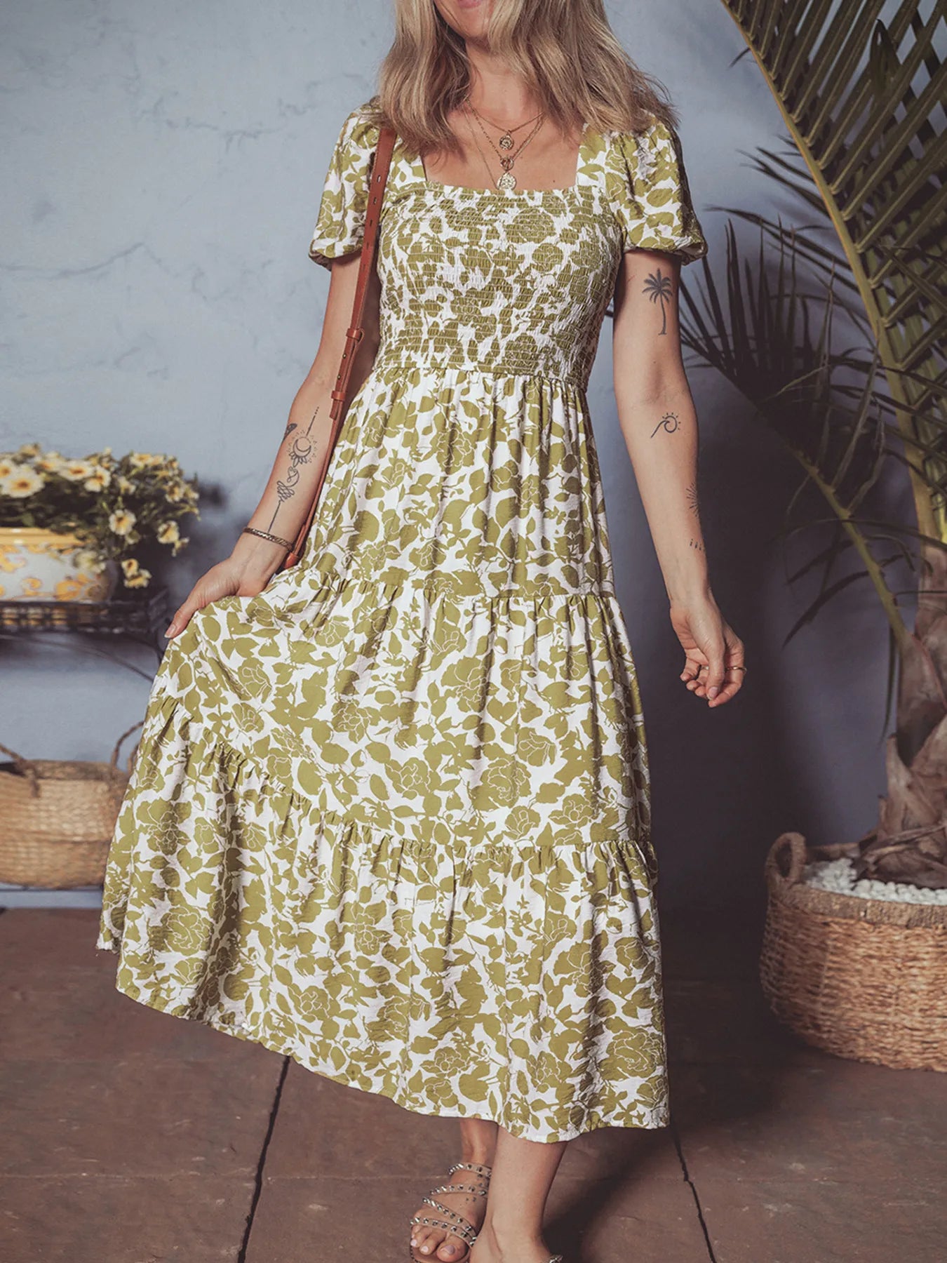Boho Floral Square Neck Smocked Bust Puff Sleeve Tiered Dress - adritiX